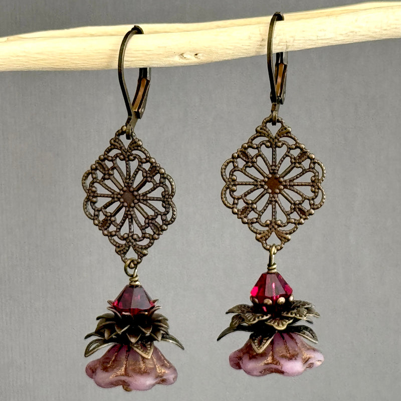 Czech Pink Glass Bell Flower & Filigree Earrings in Antique Brass