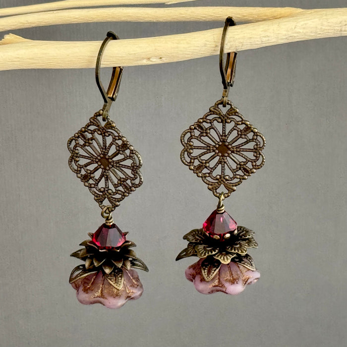 Czech Pink Glass Bell Flower & Filigree Earrings in Antique Brass