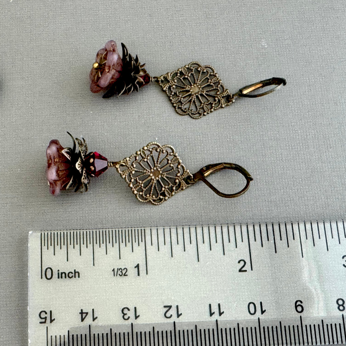 Czech Pink Glass Bell Flower & Filigree Earrings in Antique Brass