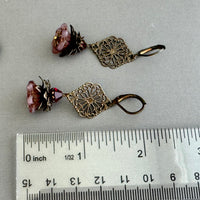 Czech Pink Glass Bell Flower & Filigree Earrings in Antique Brass