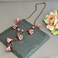 Pink Czech Glass Trumpet Bead and Freshwater Pearl Necklace on Copper