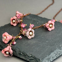 Pink Czech Glass Trumpet Bead and Freshwater Pearl Necklace on Copper
