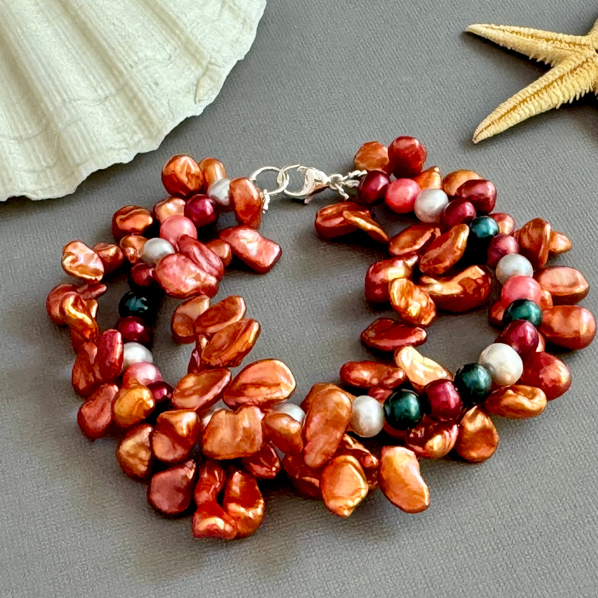 3-Strand Orange Freshwater Pearl Bracelet in Sterling Silver