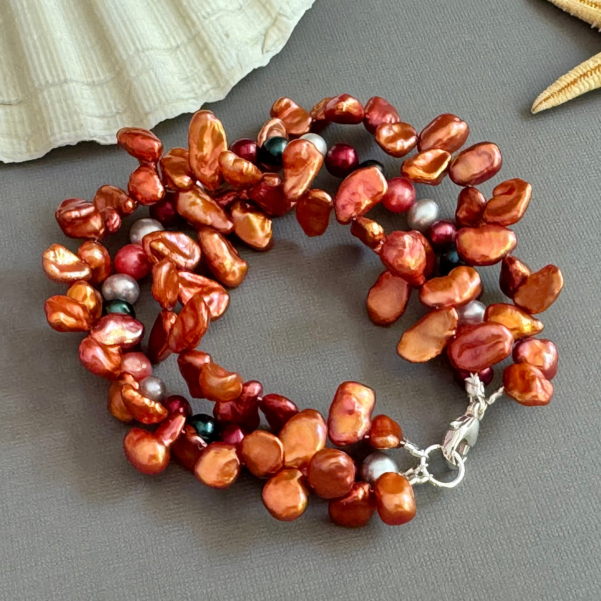 3-Strand Orange Freshwater Pearl Bracelet in Sterling Silver