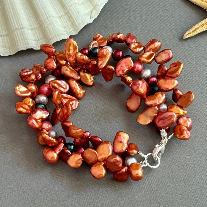 3-Strand Orange Freshwater Pearl Bracelet in Sterling Silver