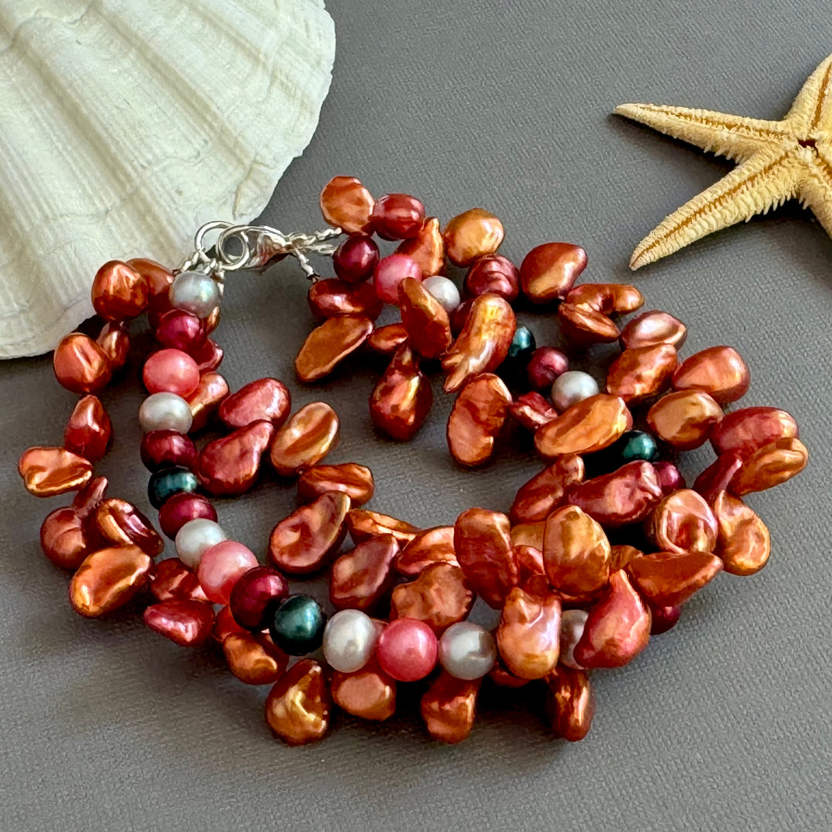 3-Strand Orange Freshwater Pearl Bracelet in Sterling Silver