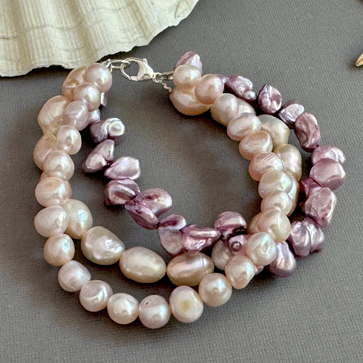 3-Strand Pink and Lavender Freshwater Pearl Bracelet in Sterling Silver