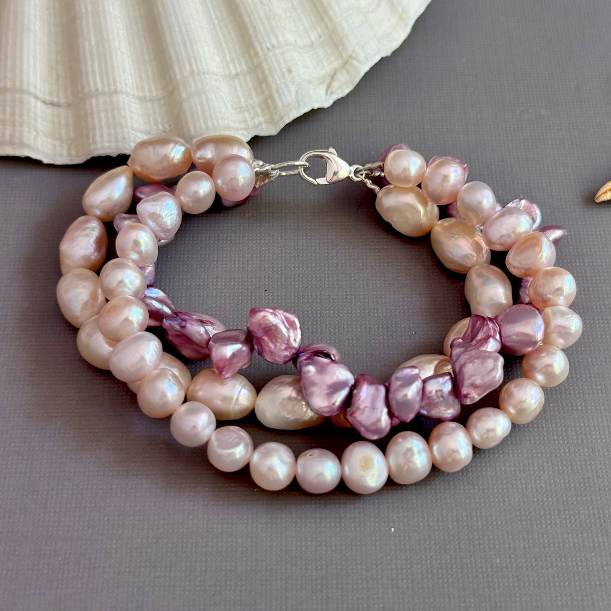 3-Strand Pink and Lavender Freshwater Pearl Bracelet in Sterling Silver