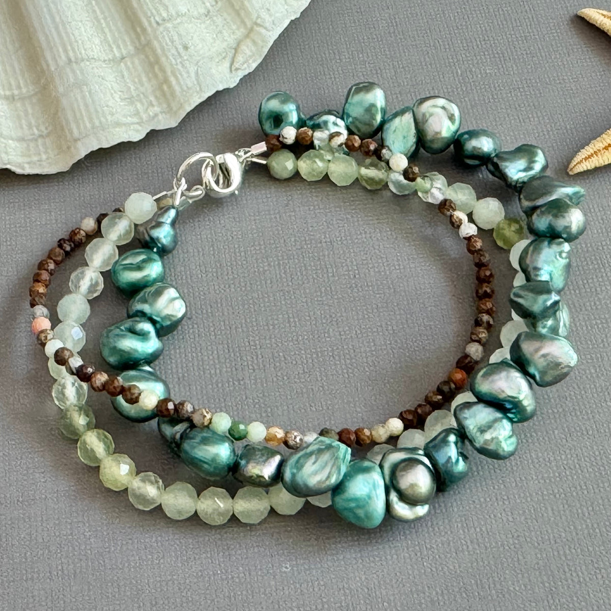 3-Strand Green Freshwater Pearl and Agate Bracelet in Sterling Silver