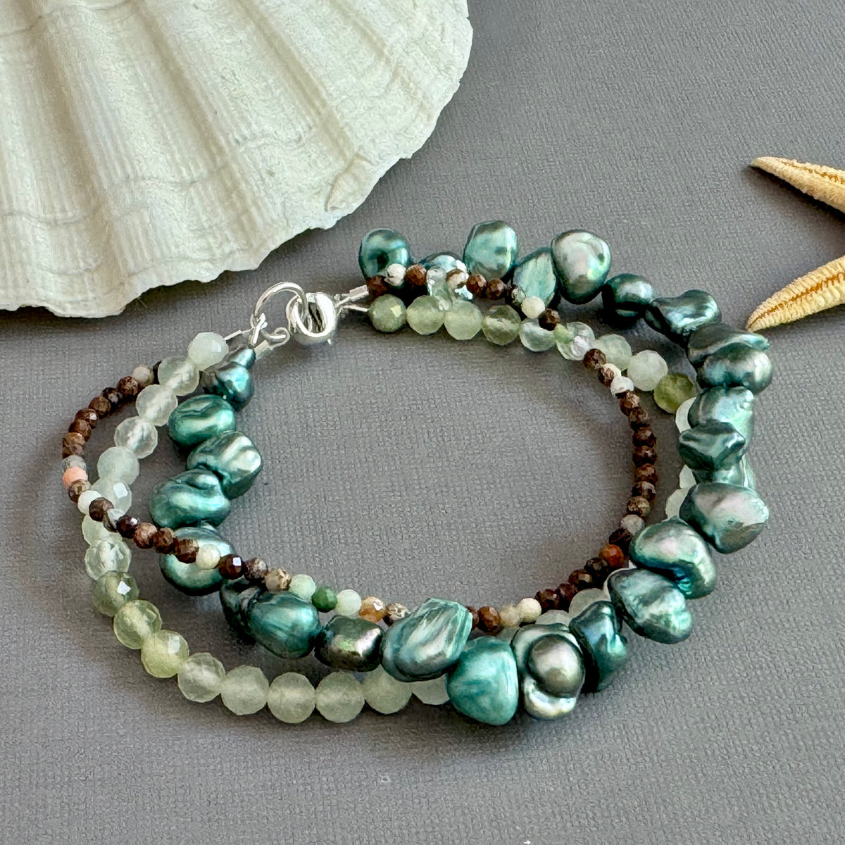 3-Strand Green Freshwater Pearl and Agate Bracelet in Sterling Silver