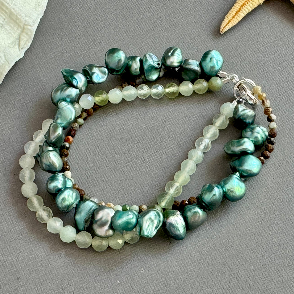 3-Strand Green Freshwater Pearl and Agate Bracelet in Sterling Silver