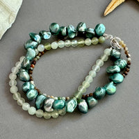 3-Strand Green Freshwater Pearl and Agate Bracelet in Sterling Silver