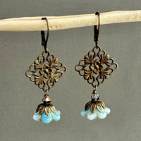 Czech Glass Light Blue Bell Flower & Filigree Earrings in Antique Brass
