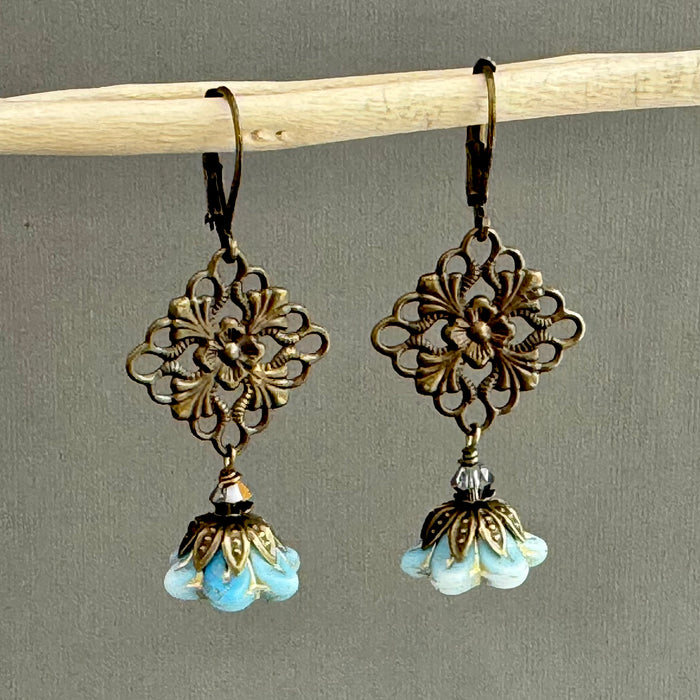 Czech Glass Light Blue Bell Flower & Filigree Earrings in Antique Brass