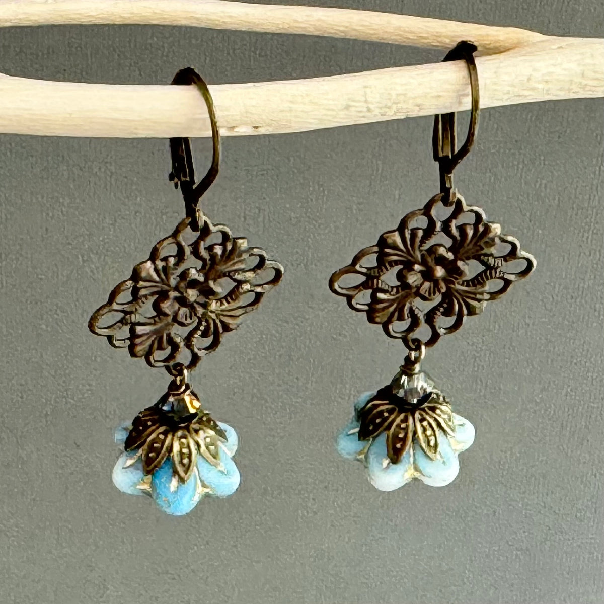 Czech Glass Light Blue Bell Flower & Filigree Earrings in Antique Brass