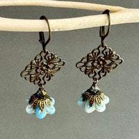 Czech Glass Light Blue Bell Flower & Filigree Earrings in Antique Brass
