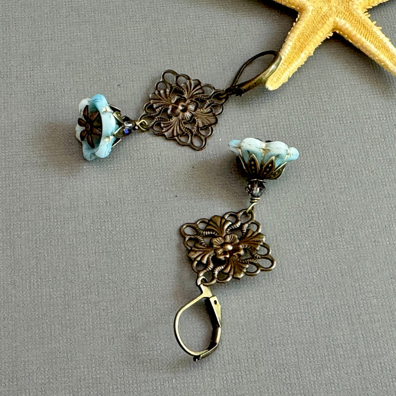 Czech Glass Light Blue Bell Flower & Filigree Earrings in Antique Brass