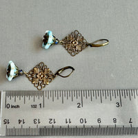 Czech Glass Light Blue Bell Flower & Filigree Earrings in Antique Brass