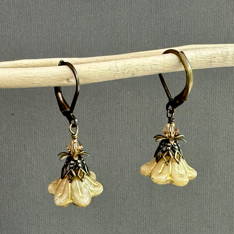 Beige and Gold Czech Glass Bell Flower Earrings in Antique Brass