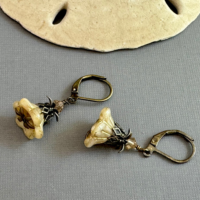 Beige and Gold Czech Glass Bell Flower Earrings in Antique Brass