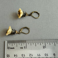 Beige and Gold Czech Glass Bell Flower Earrings in Antique Brass