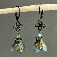 Blue Czech Glass Drops with Brass Filigree Components in Antique Brass