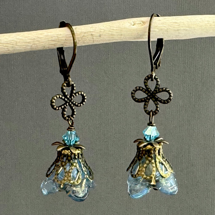 Blue Czech Glass Drops with Brass Filigree Components in Antique Brass