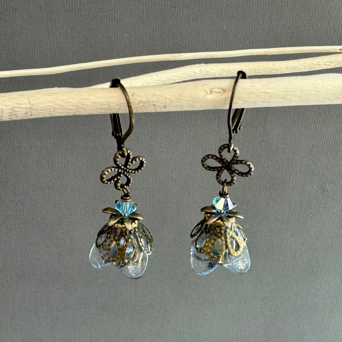 Blue Czech Glass Drops with Brass Filigree Components in Antique Brass
