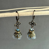 Blue Czech Glass Drops with Brass Filigree Components in Antique Brass