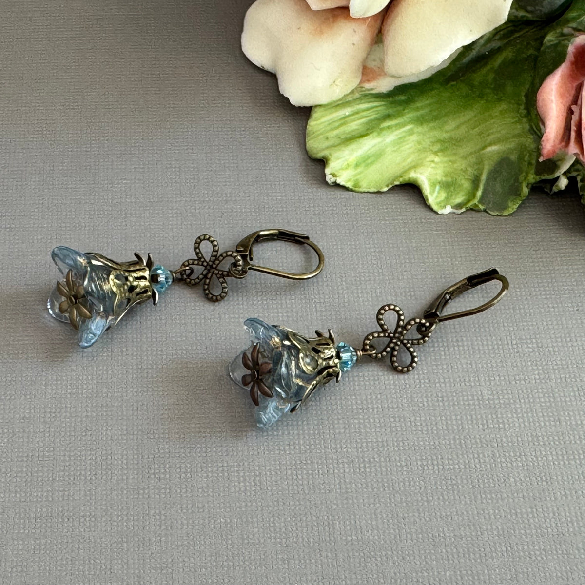 Blue Czech Glass Drops with Brass Filigree Components in Antique Brass