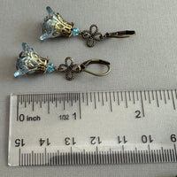 Blue Czech Glass Drops with Brass Filigree Components in Antique Brass