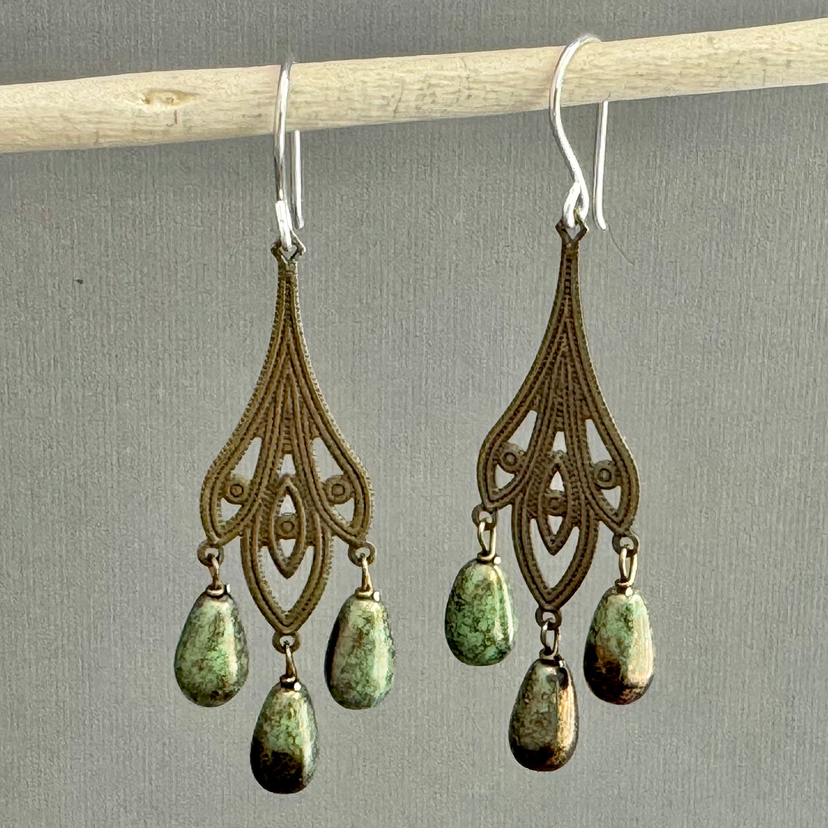Art Deco Green Czech Glass Drop Earrings on Brass Filigree Components in Sterling Silver
