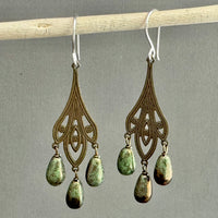 Art Deco Green Czech Glass Drop Earrings on Brass Filigree Components in Sterling Silver
