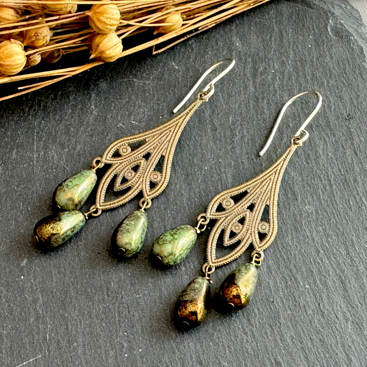 Art Deco Green Czech Glass Drop Earrings on Brass Filigree Components in Sterling Silver