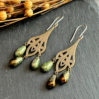 Art Deco Green Czech Glass Drop Earrings on Brass Filigree Components in Sterling Silver