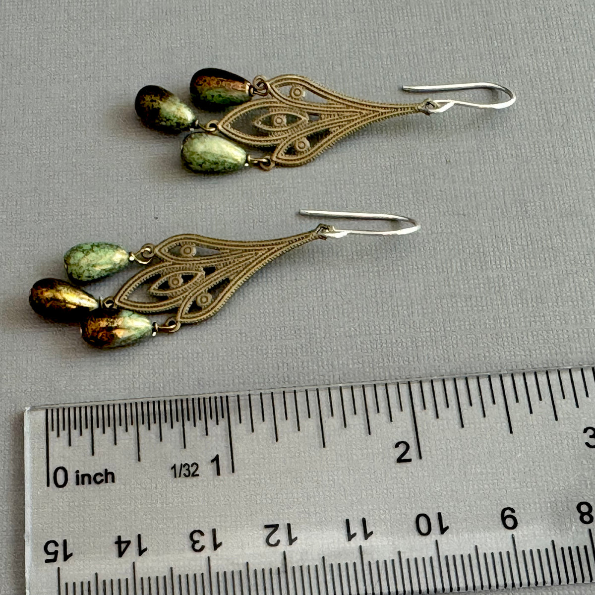 Art Deco Green Czech Glass Drop Earrings on Brass Filigree Components in Sterling Silver