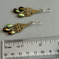 Art Deco Green Czech Glass Drop Earrings on Brass Filigree Components in Sterling Silver