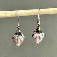 Light Pink Rosebud Handmade Lampwork Earrings in Sterling Silver and Antique Brass