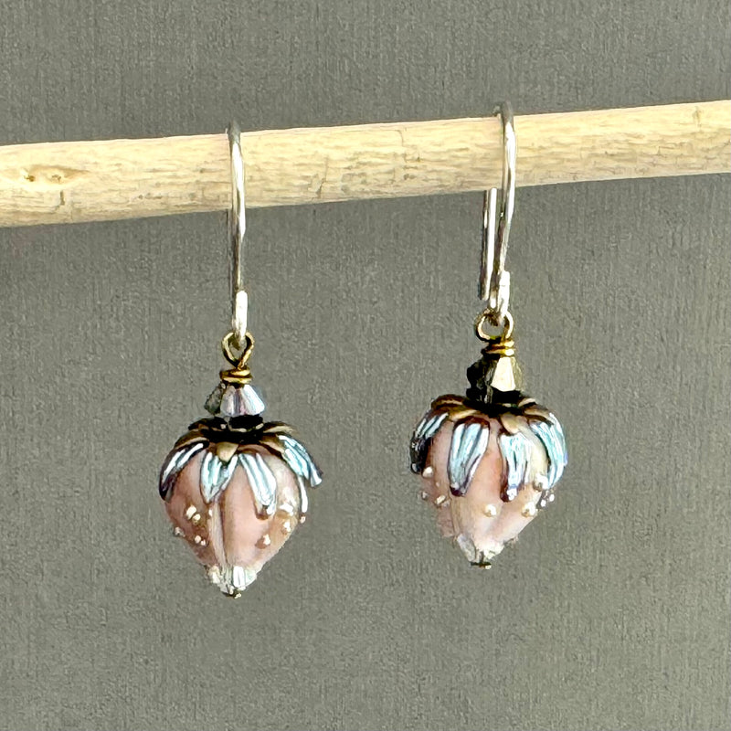 Light Pink Rosebud Handmade Lampwork Earrings in Sterling Silver and Antique Brass