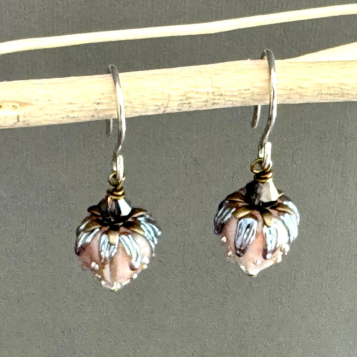 Light Pink Rosebud Handmade Lampwork Earrings in Sterling Silver and Antique Brass