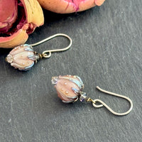 Light Pink Rosebud Handmade Lampwork Earrings in Sterling Silver and Antique Brass