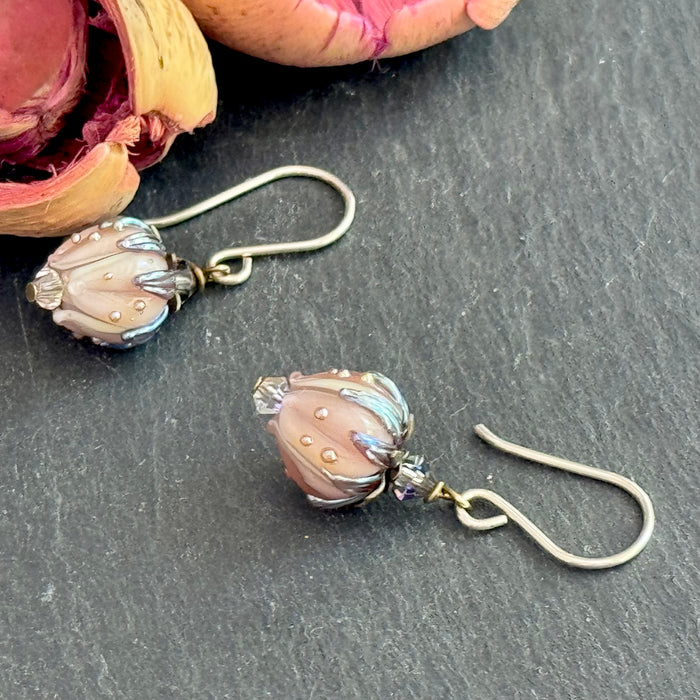 Light Pink Rosebud Handmade Lampwork Earrings in Sterling Silver and Antique Brass