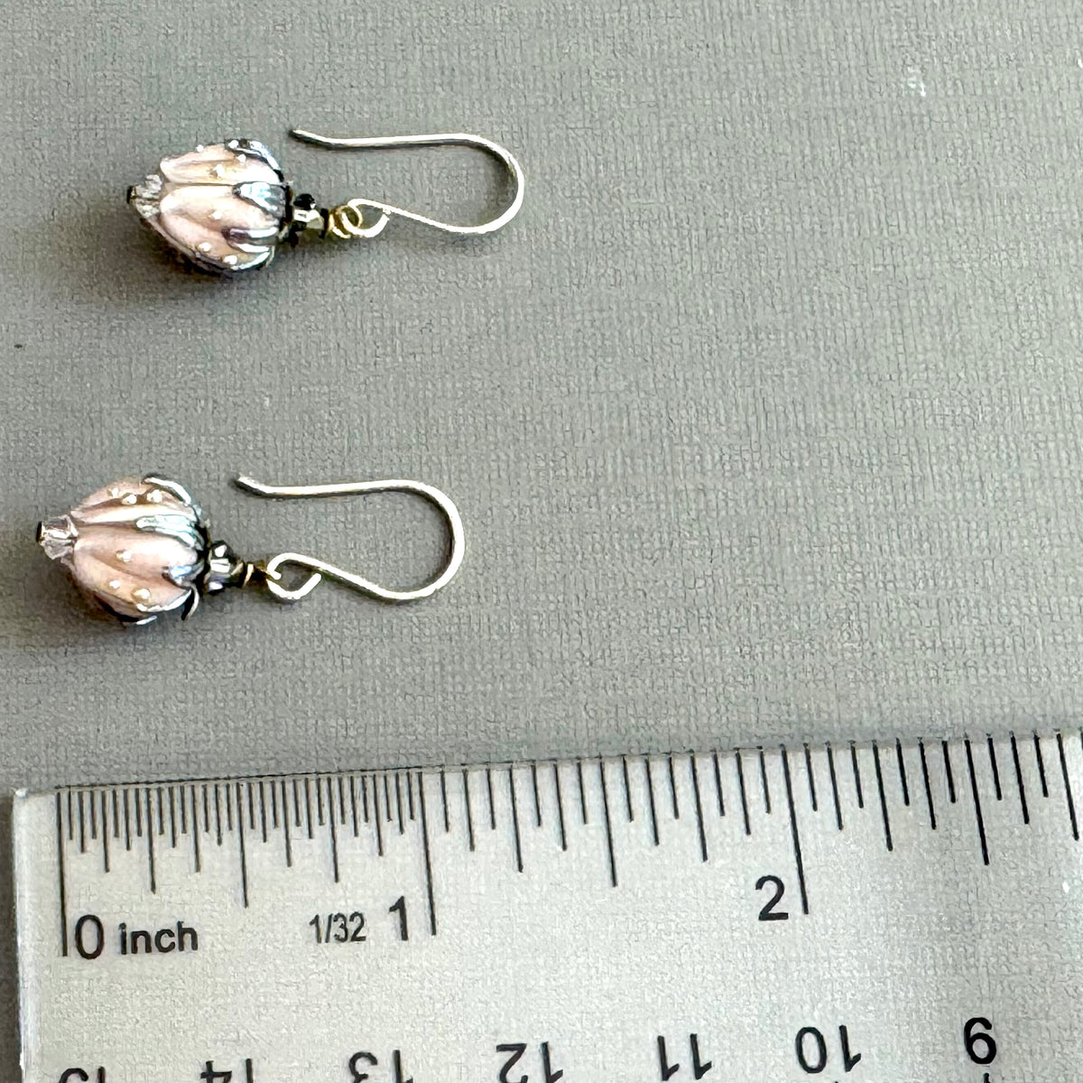 Light Pink Rosebud Handmade Lampwork Earrings in Sterling Silver and Antique Brass