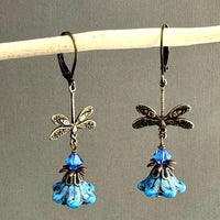 Blue Czech Glass Bell Flower Dragonfly Earrings in Antique Brass