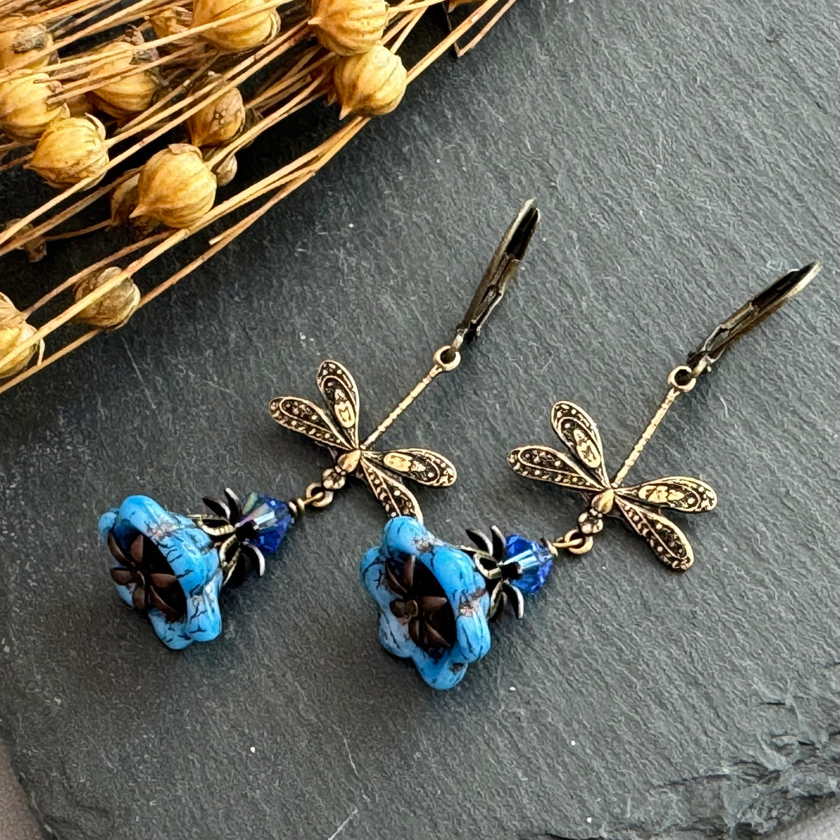 Blue Czech Glass Bell Flower Dragonfly Earrings in Antique Brass