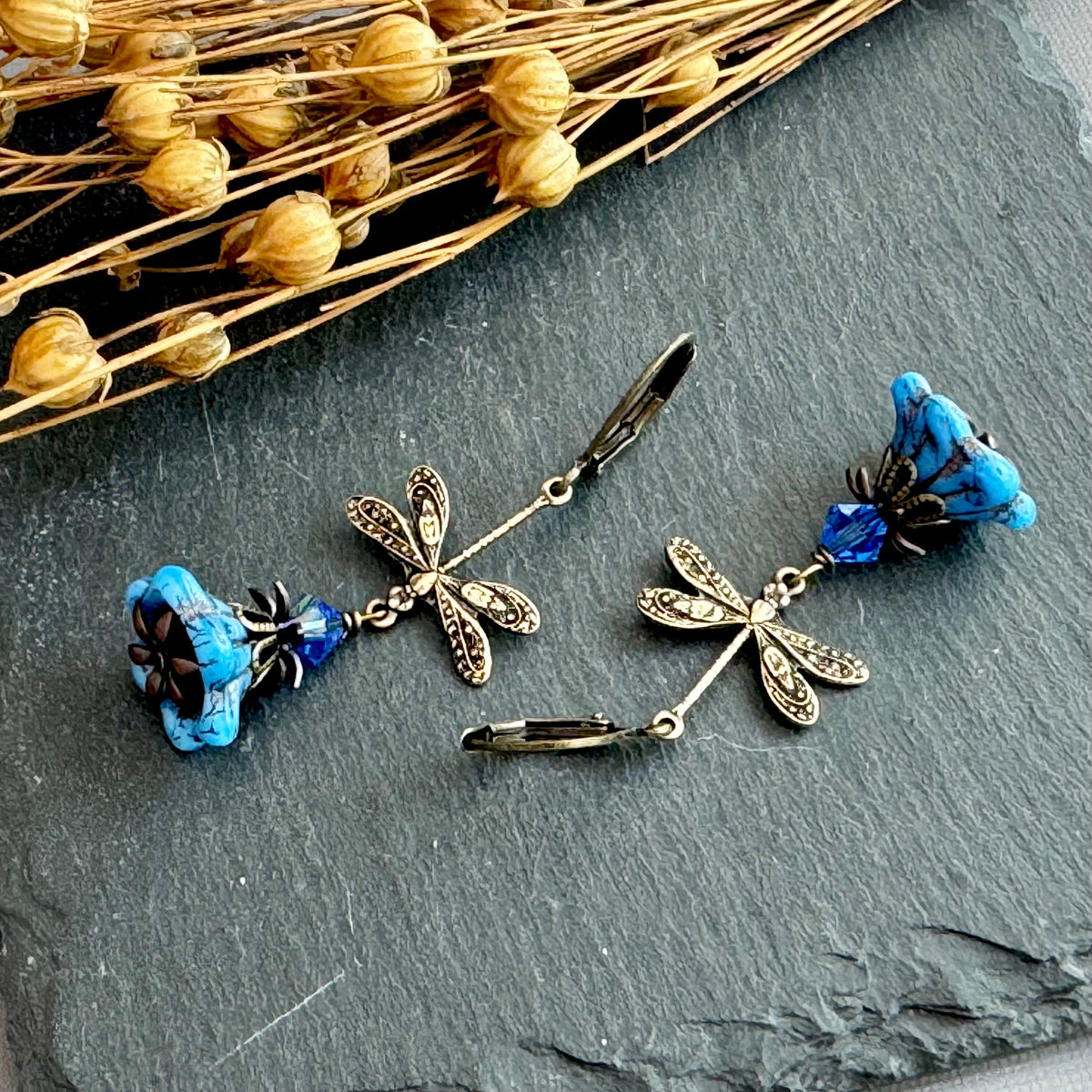 Blue Czech Glass Bell Flower Dragonfly Earrings in Antique Brass