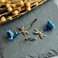 Blue Czech Glass Bell Flower Dragonfly Earrings in Antique Brass