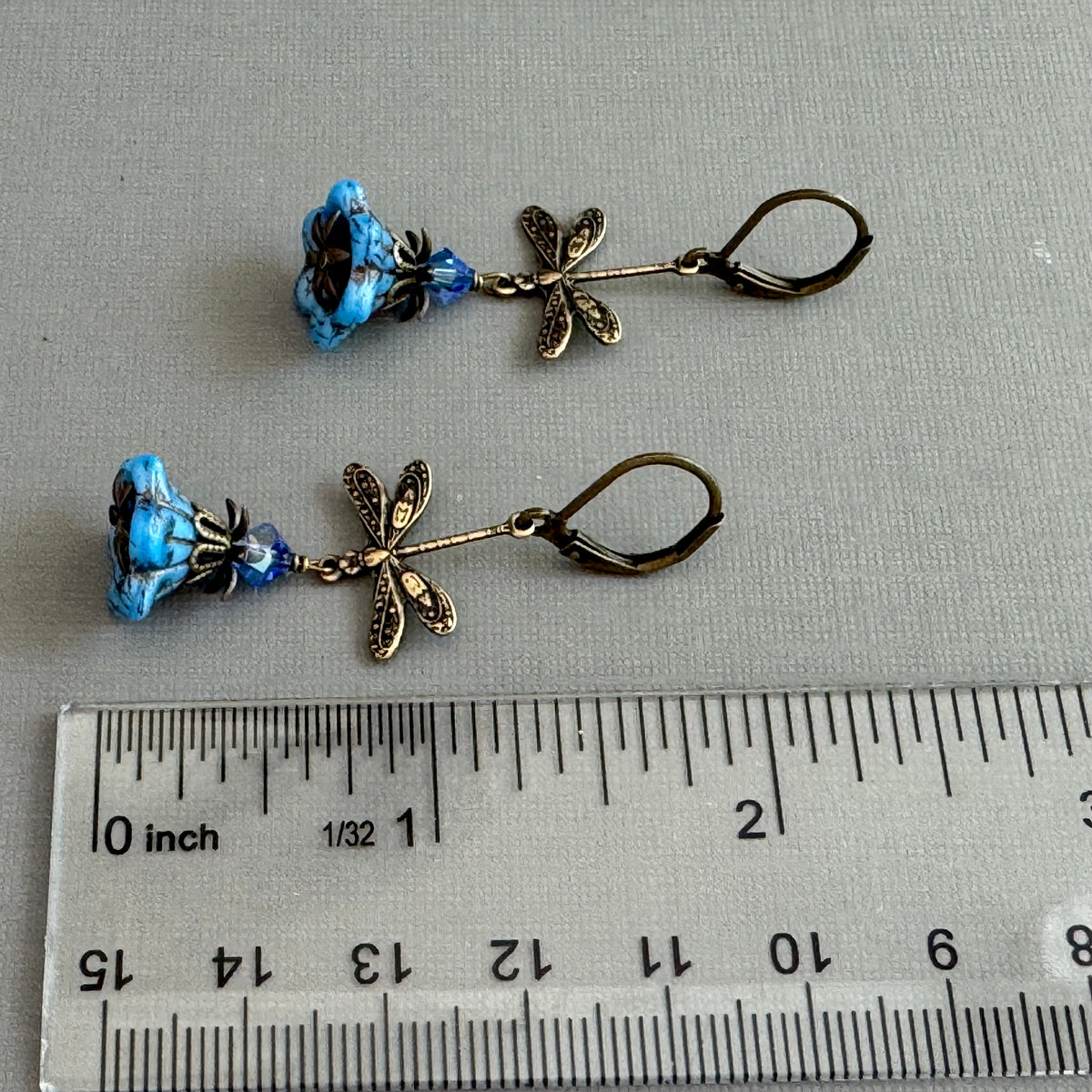Blue Czech Glass Bell Flower Dragonfly Earrings in Antique Brass