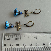 Blue Czech Glass Bell Flower Dragonfly Earrings in Antique Brass