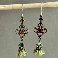 Green Variegated Czech Glass Trumpet Earrings in Antique Brass